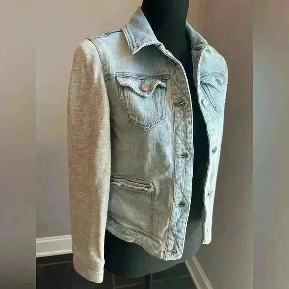 Anthropologie Pilcro Sweatshirt-Sleeve Denim Button Jacket w Embroidery  XS - Picture 2 of 6